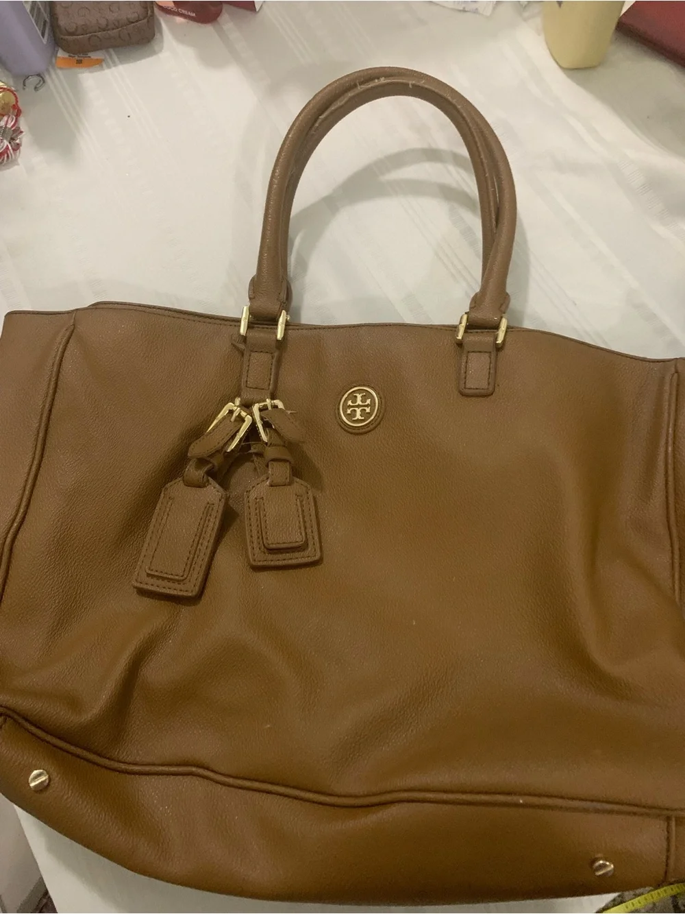 Tory Burch Cognac Pebbled Leather Tote with Gold Logo